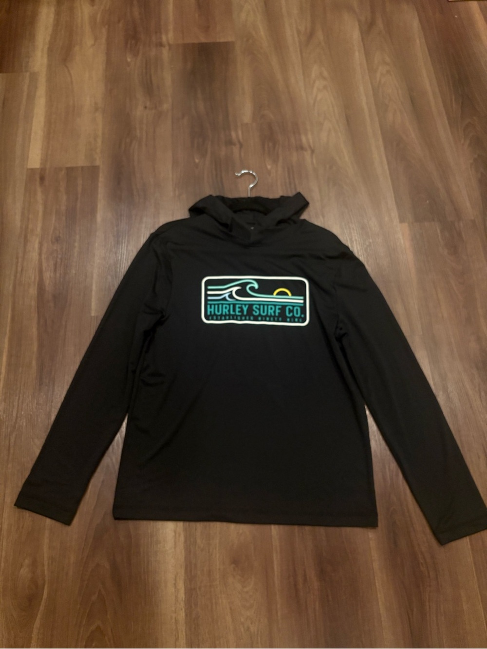 New Hurley Black Hooded Surf Logo Long Sleeve Top with Teal Accent